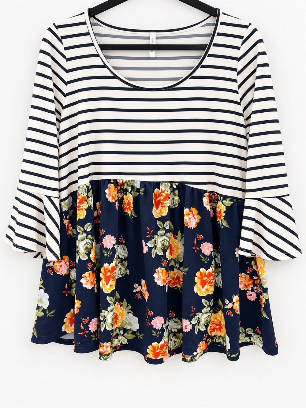 Emerald Navy Floral & White Striped Peplum Tunic